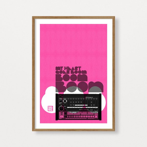 Image of 'My Heart Goes Boom Roland 808' print. A 2 colour Risograph Print in black and fluorescent pink.