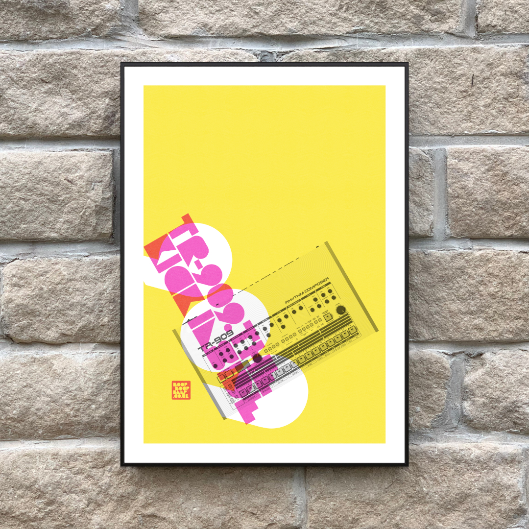 Image of the yellow, black and fluro pink Roland TR-909 poster in a black frame