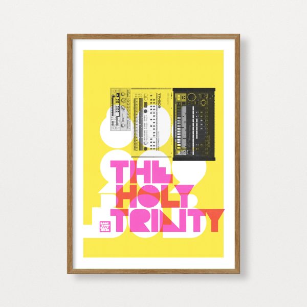 Image of the Roland 303, 808 & 909 Holy Trinity 3 colour risograph print